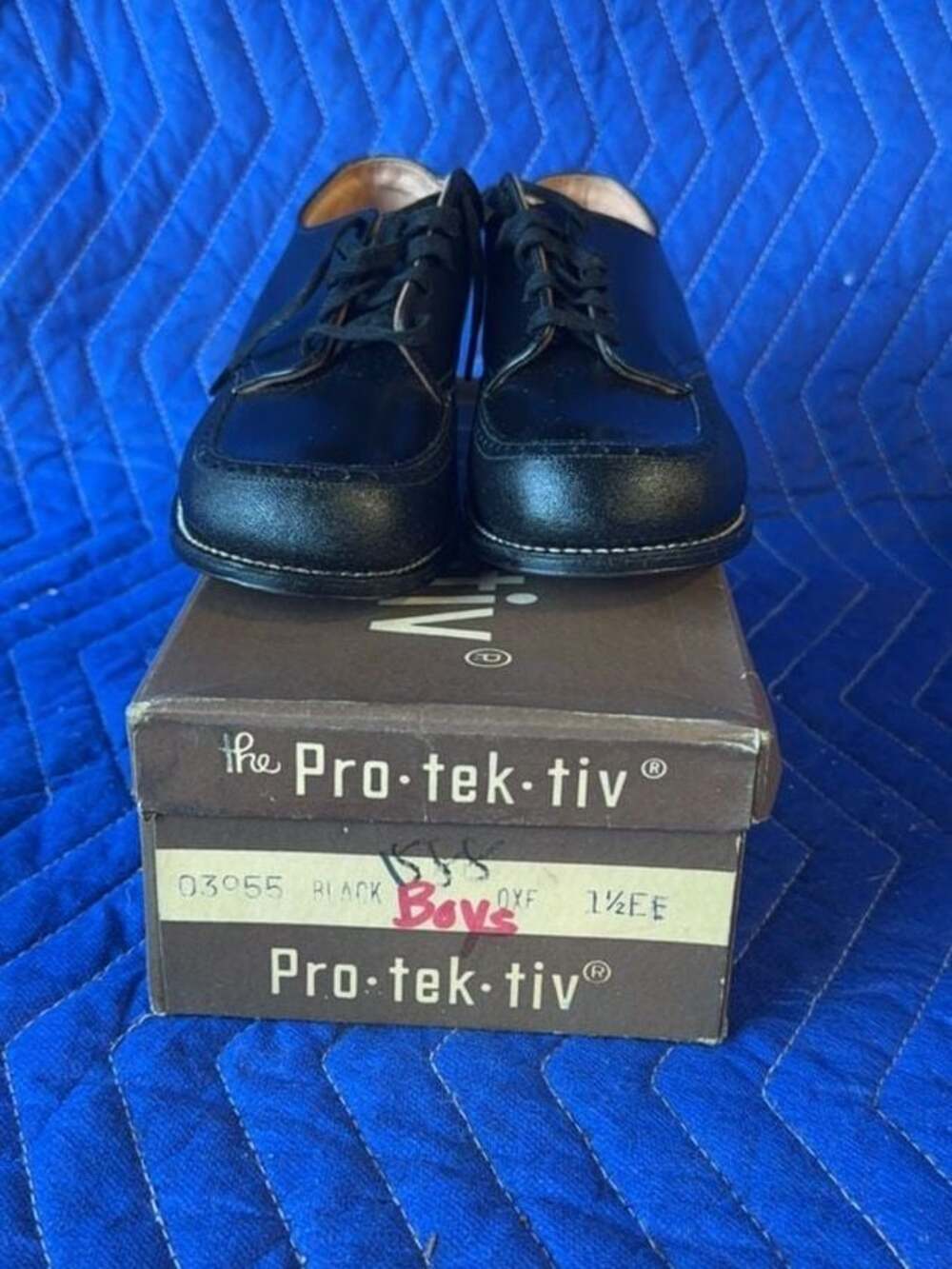 Vintage Pro-tek-tiv Boys Black Oxford Shoes 1.5EE